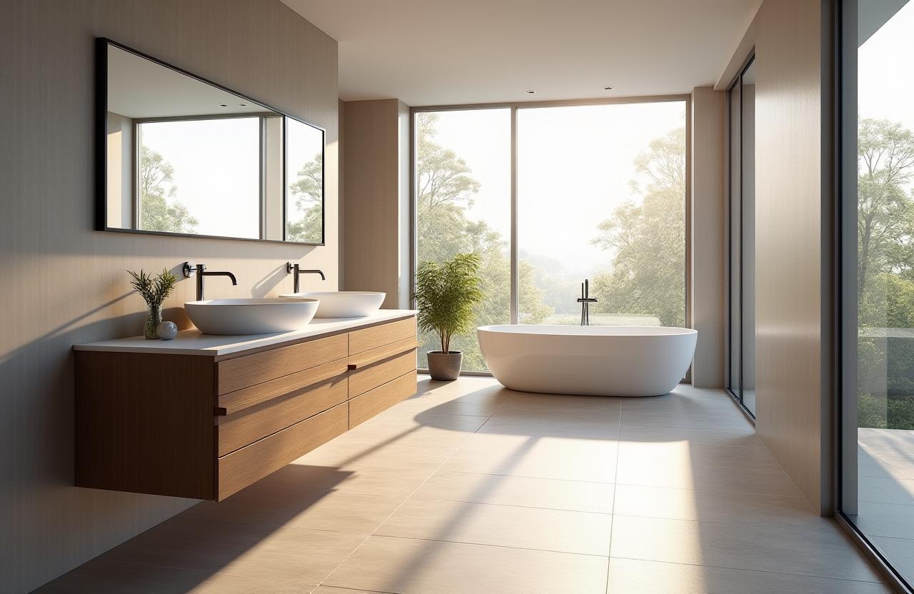 A serene, modern bathroom showcasing an AquaStyle Bathware vanity in natural light.